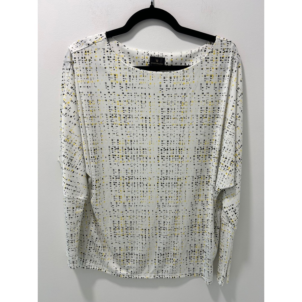 Worthington Women L White Yellow Black Abstract Print Dolman Sleeve Blouse Top